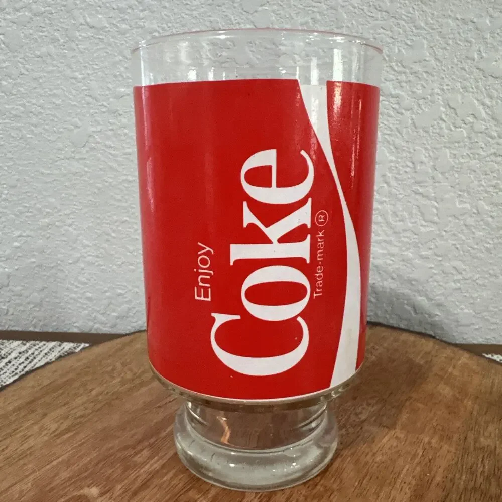 VTG COCA COLA ENJOY COKE Large Pedestal Glass Tumbler Red White Clear Drinking
